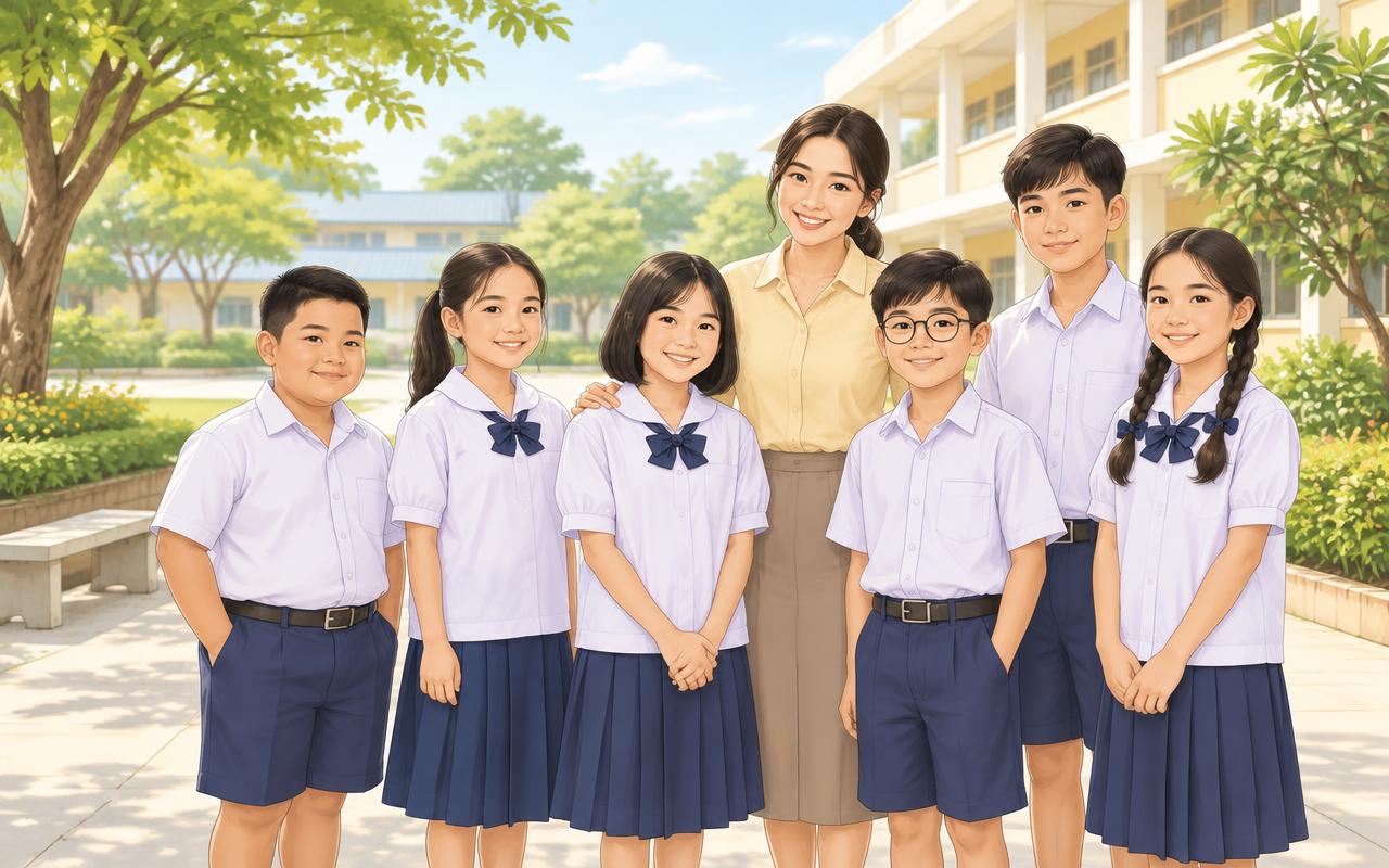 นักเรียนยืนกับคุณครูที่พร้อมรับฟังและช่วยเหลือ